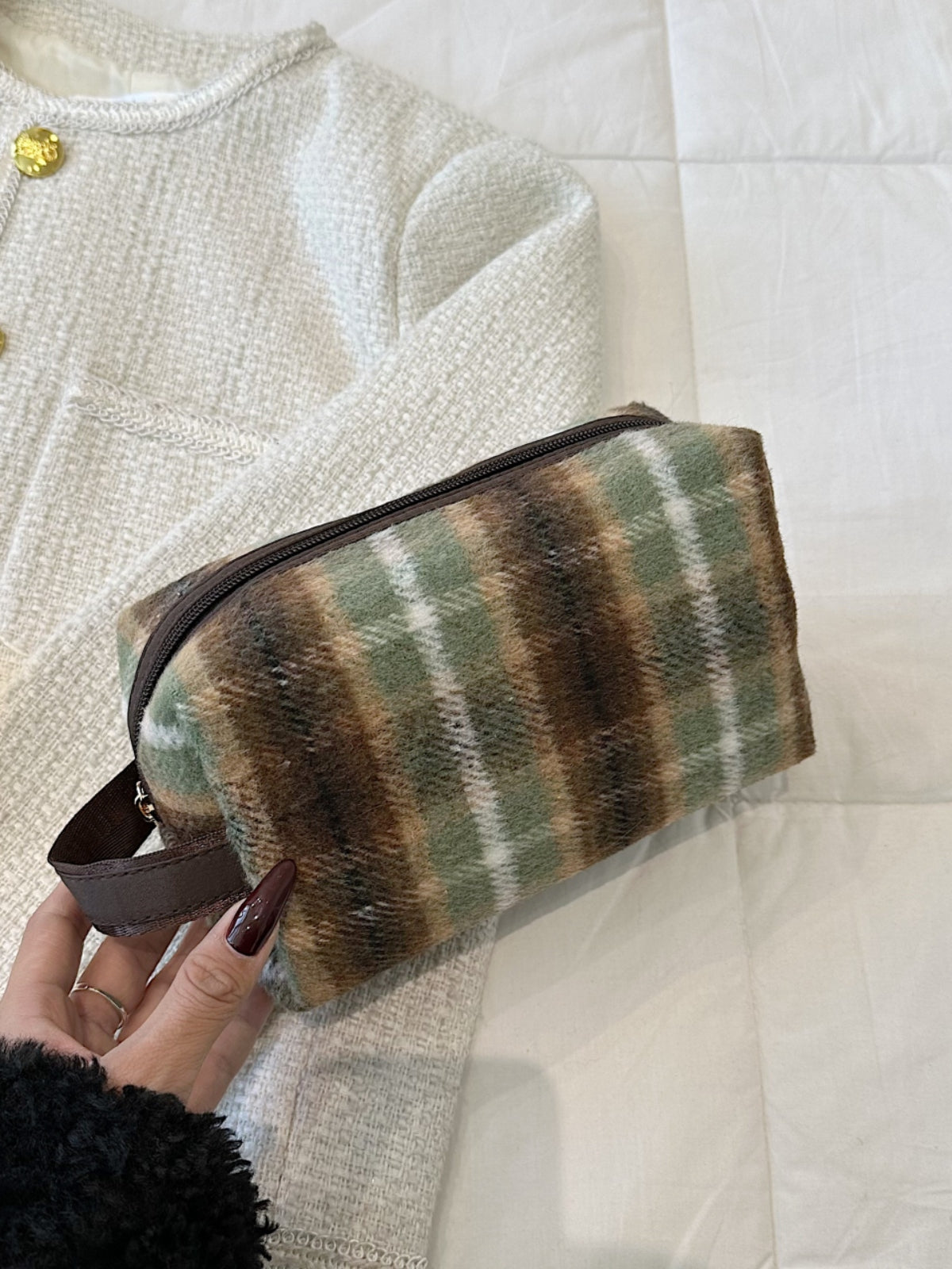 Contrast Plaid Clutch with Zipper Green (semicircle) One Size 779f6196-f75c-45c0-a0ff-79362ff10d5d-Max Trendsi
