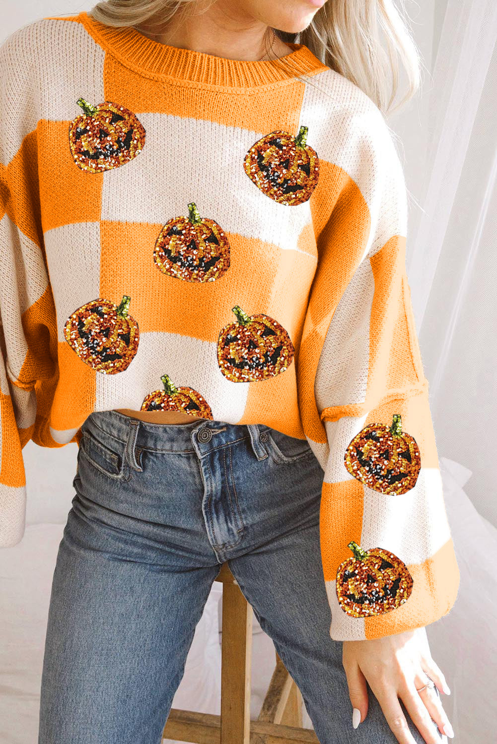 Glownestbest ® | Grapefruit Orange Sequined Halloween Pumpkin Checkered Sweater 78075a101cf89d1e Glownestbest
