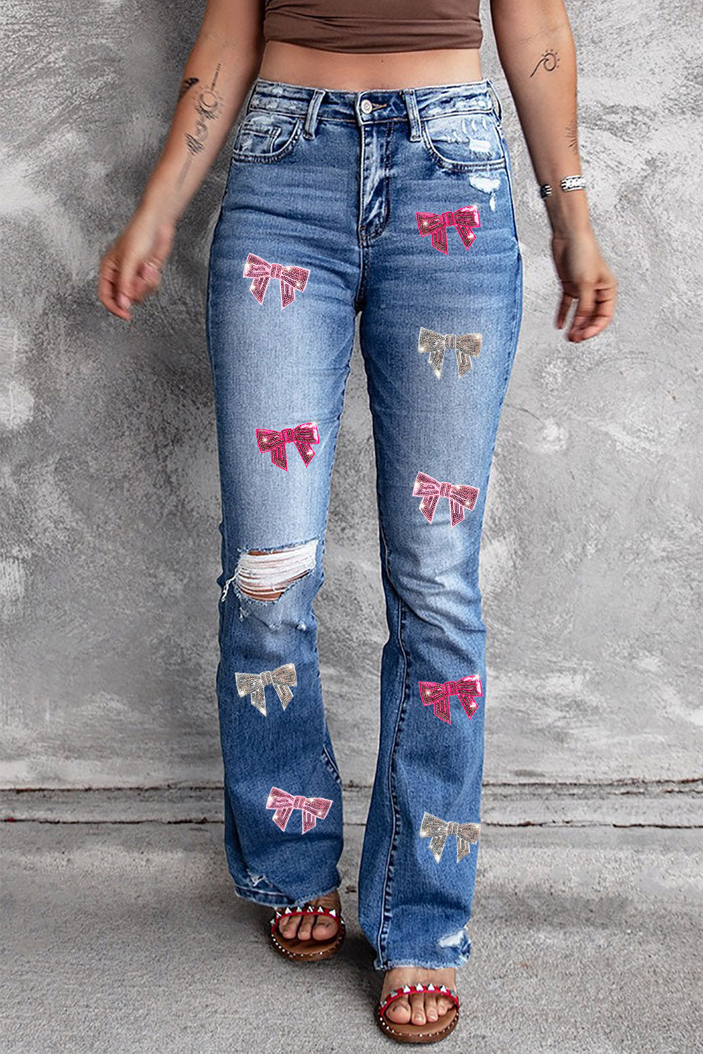 Sequin Bow Distressed Bootcut Jeans Medium 7809dee2-f498-4f39-9f81-b686f7fefdf8-Max Trendsi