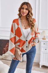 Geometric Lantern Sleeve Cardigan with Pockets Pumpkin 781b030b5a5047d2915733c3bb481955-Max Glownestbest