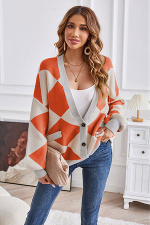 Geometric Lantern Sleeve Cardigan with Pockets Pumpkin 781b030b5a5047d2915733c3bb481955-Max Glownestbest