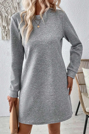Textured Round Neck Long Sleeve Mini Dress 78a228ea-350f-465d-9726-5007453f0034-Max Glownestbest