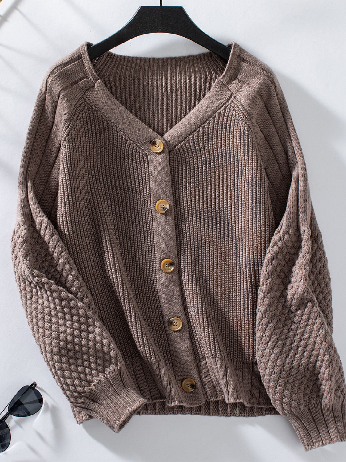 V-Neck Button Up Raglan Sleeve Cardigan Coffee Brown 78aa8a4a-3b5c-48c6-8aa0-8fe66aff1a54-Max Glownestbest