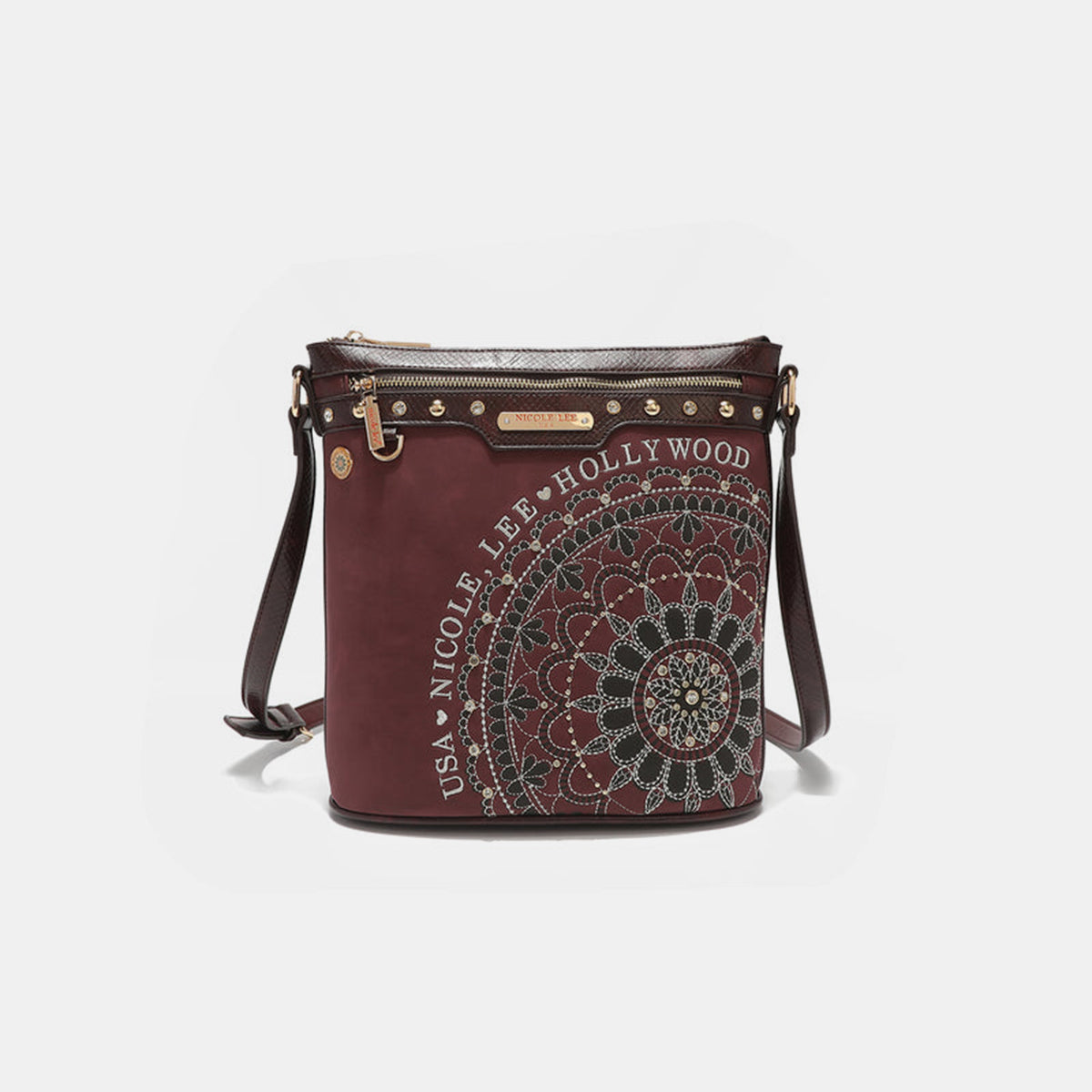 Nicole Lee USA Metallic Stitching Embroidery Inlaid Rhinestone Crossbody Bag Wine One Size 78dddfb7-5e43-4ca0-a434-ef6b596fadae-Max Trendsi