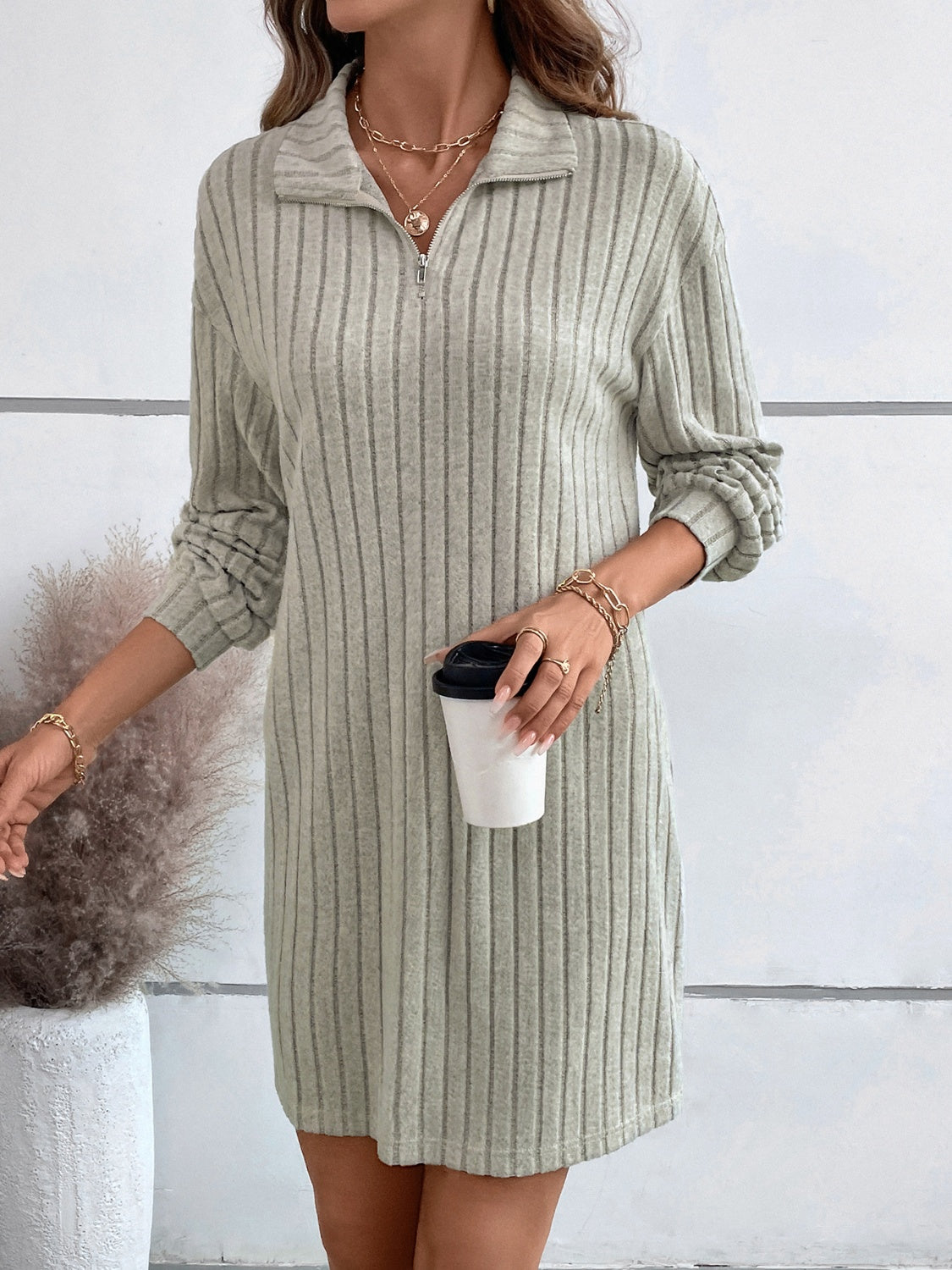 Ribbed Collared Neck Long Sleeve Dress 79a46b79-5388-44e1-af41-4001076d2d15-Max Glownestbest