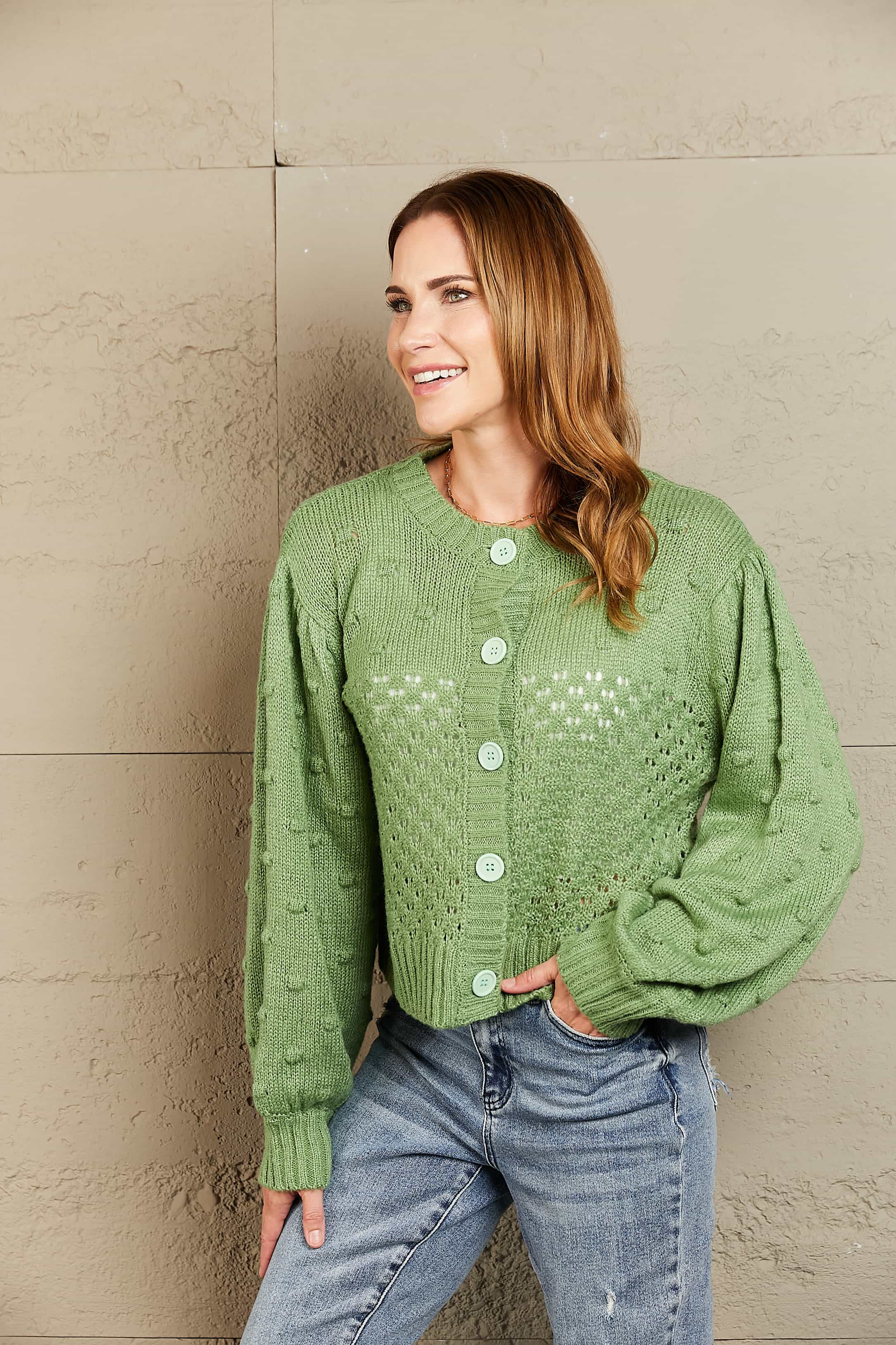 Woven Right Openwork Pompom Puff Sleeve Cardigan 79b2272171c64874b74a45b1d93235cf-Max Glownestbest