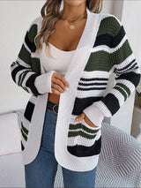 Striped Open Front Long Sleeve Cardigan Army Green 79b98b11cc614f6cb2ada1dd116e76c2-Max Glownestbest