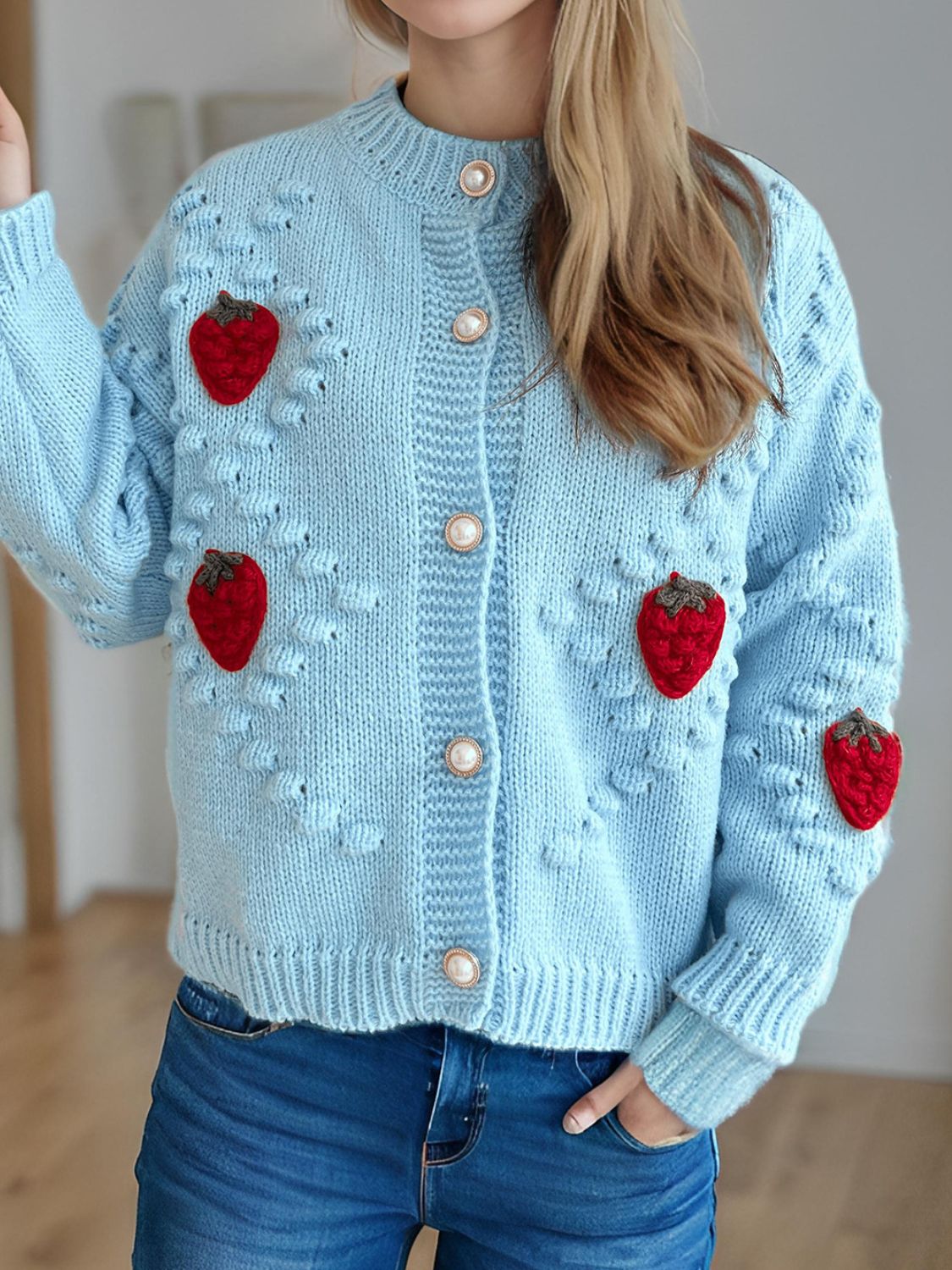 Strawberry Button Down Long Sleeve Cardigan 7a72b21a-5266-451c-956d-2d51a6f4169d-Max Glownestbest