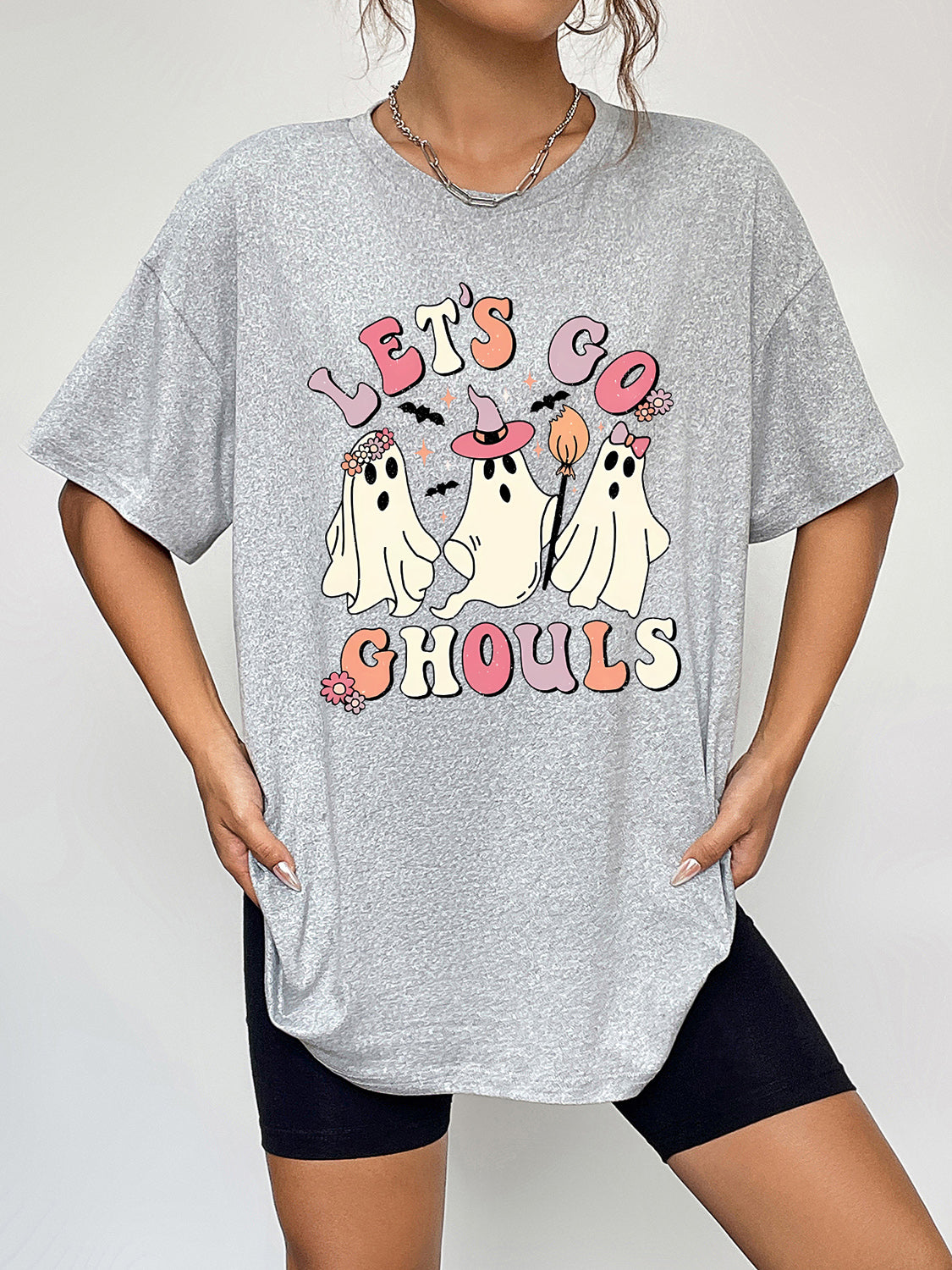 Glownestbest ® | Round Neck Short Sleeve LET'S GO GHOULS Graphic T-Shirt 7a9c5b6f57224b2e8d1f5a5a73641df6-Max Glownestbest