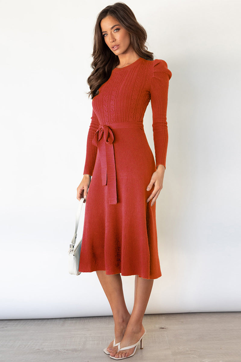 Round Neck Long Sleeve Tie Waist Sweater Dress 7ab62c0ee29f49c2a653eb7c31fcea3b-Max Glownestbest