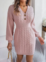 Buttoned Cable-Knit V-Neck Sweater Dress Blush Pink 7ade3f7f79ff46708814686e56af7a2a-Max Glownestbest