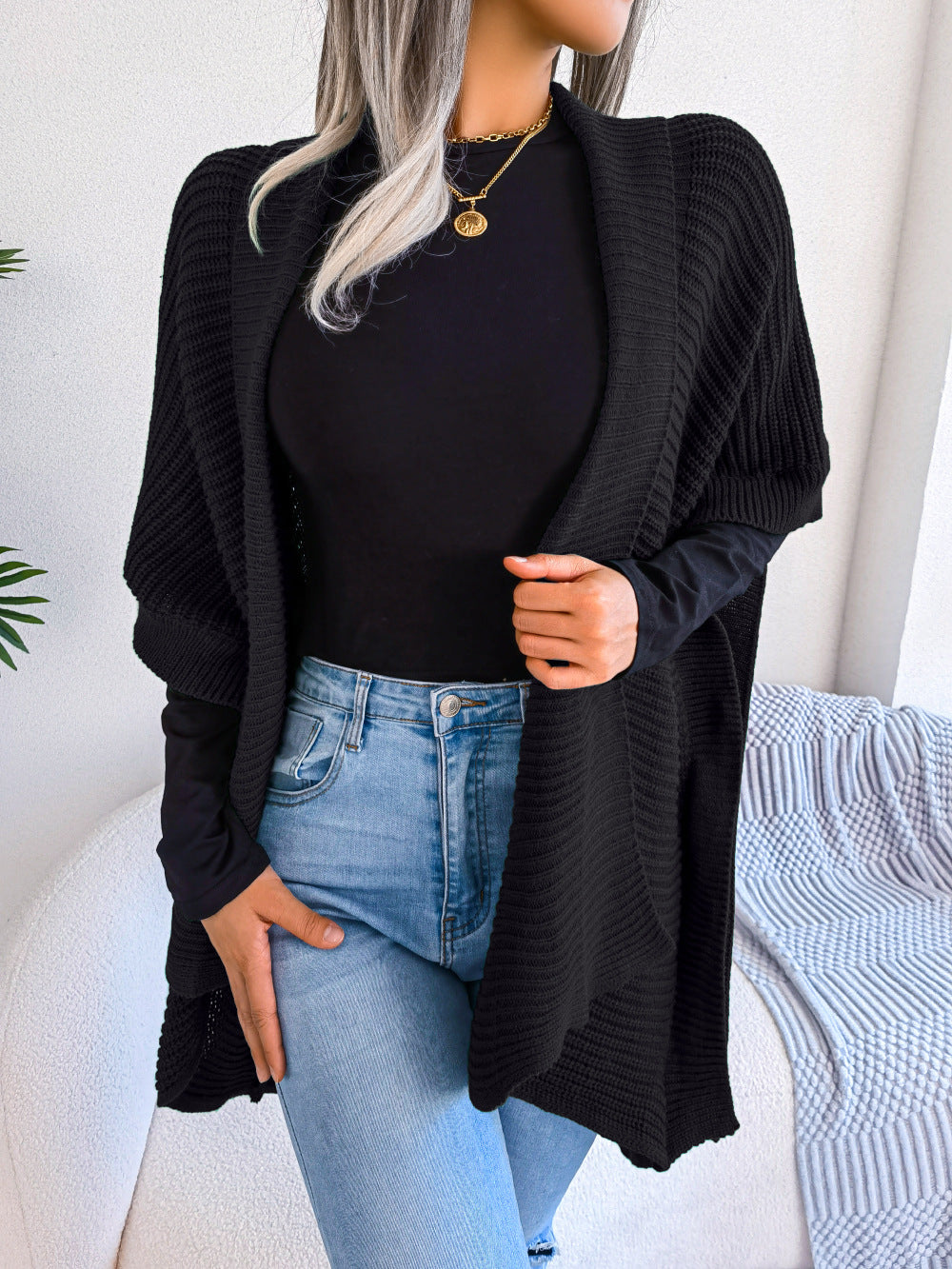 Glownestbest® | Horizontal Ribbing Open Front Slit Cardigan 7b5f3e695d534d3286ad0129c79c2403-Max Glownestbest