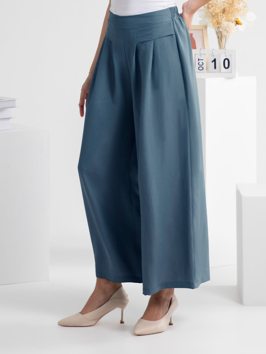 FAM-FAM Wide Leg Elastic Waist Pants Dusty Blue 7b5f96c4-0af2-41f0-943e-a2f685e85d95-Max Trendsi