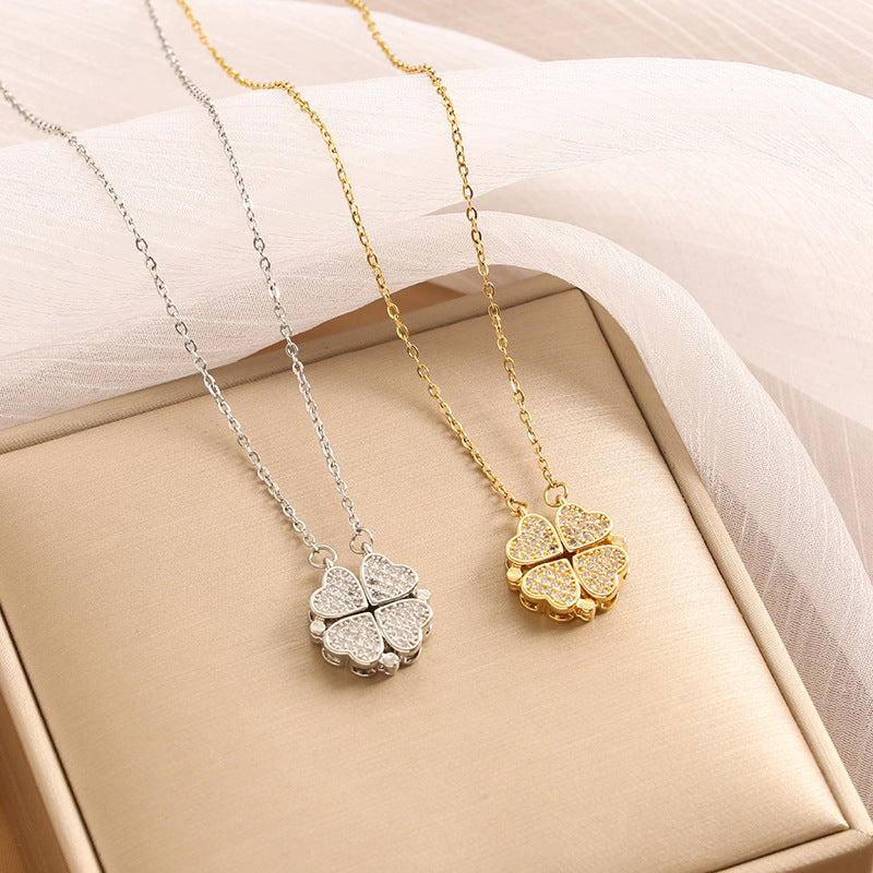 Noble and fashionable heart-to-heart four-leaf clover inlaid with zircon, a two-wear design simple style necklace 7c06be65-9309-496a-88b5-bb9af156349b Artshiney
