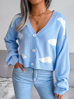 Cloud Print Button Down Ribbed Trim Cardigan Blue 7cbed844a4f444a291e9c9dd010909d7-Max Glownestbest