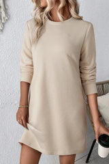 Textured Round Neck Long Sleeve Mini Dress Tan 7d12bd1d-341c-425e-ba1d-eec1cea68fd3-Max Glownestbest