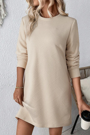 Textured Round Neck Long Sleeve Mini Dress Tan 7d12bd1d-341c-425e-ba1d-eec1cea68fd3-Max Glownestbest