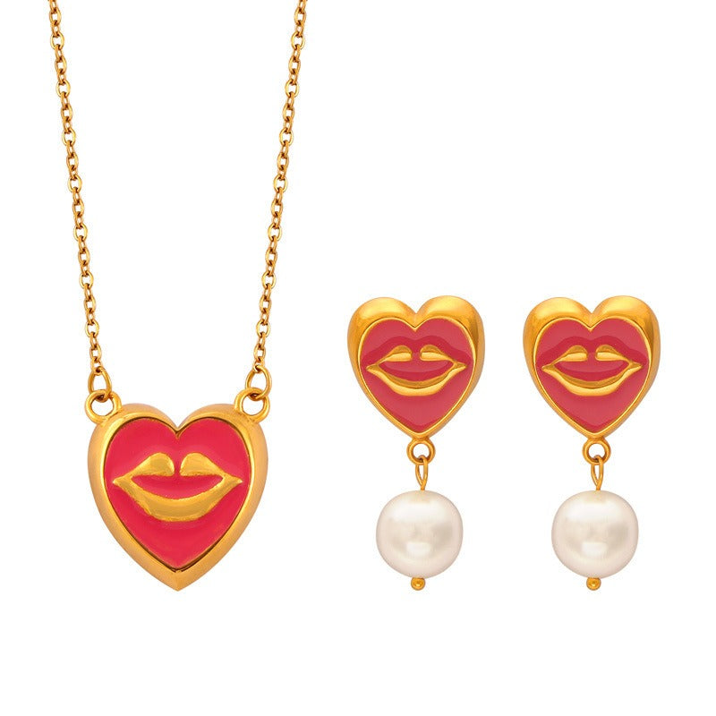 18K gold trendy personalized lips with pearl design simple style necklace and earrings set 7e2de599-746d-452e-b251-6867293ab215 Artshiney