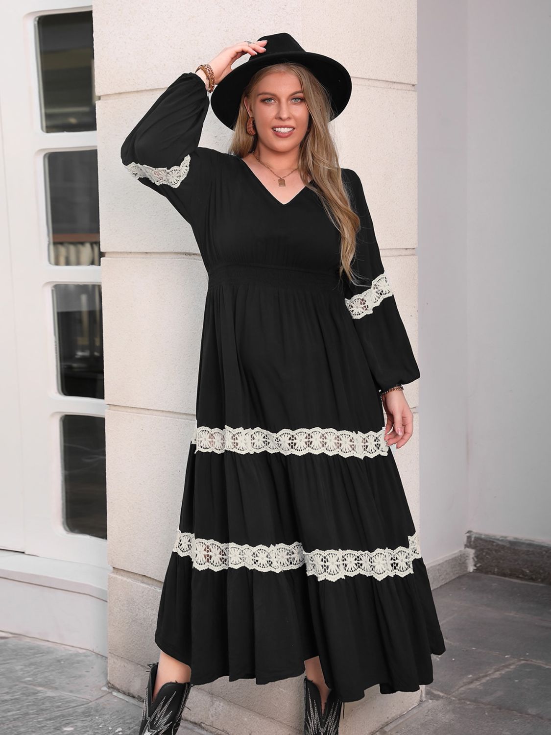 Plus Size Lace Detail V-Neck Long Sleeve Midi Dress 80ac5772-eb8e-41c8-92db-ca53eb82475b-Max Glownestbest