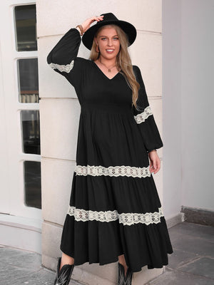 Plus Size Lace Detail V-Neck Long Sleeve Midi Dress 80ac5772-eb8e-41c8-92db-ca53eb82475b-Max Glownestbest