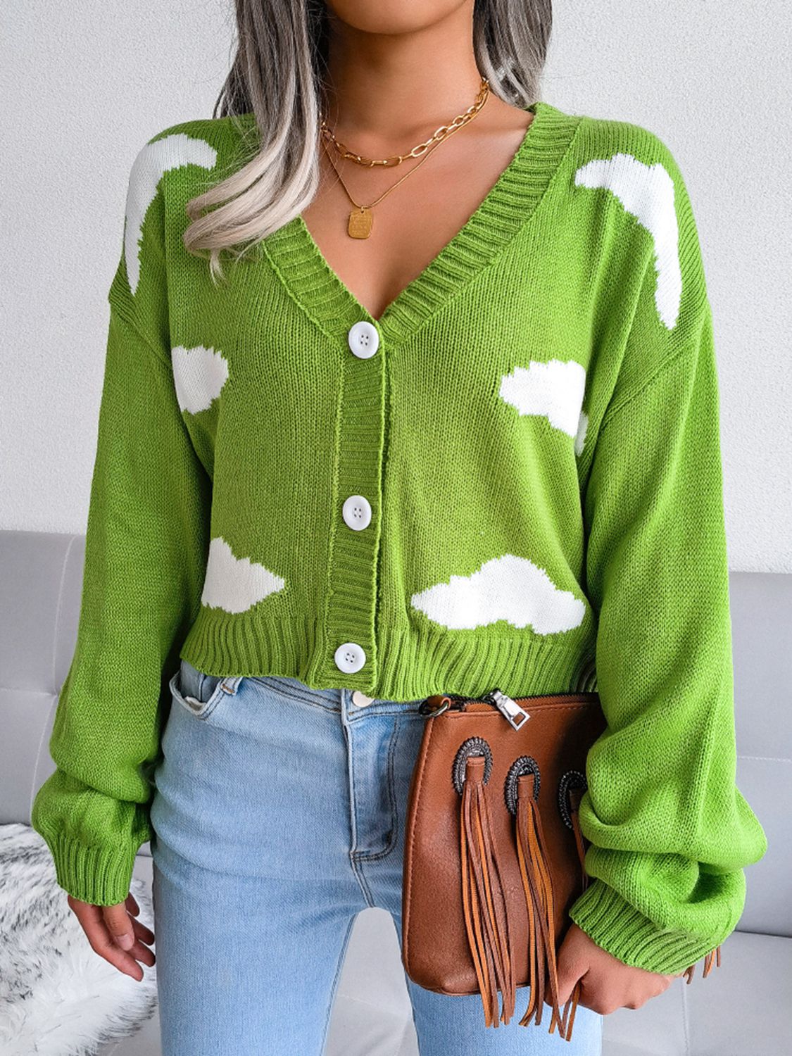 Cloud Print Button Down Ribbed Trim Cardigan 80af2fbca89c449bae3148212db98c23-Max Glownestbest