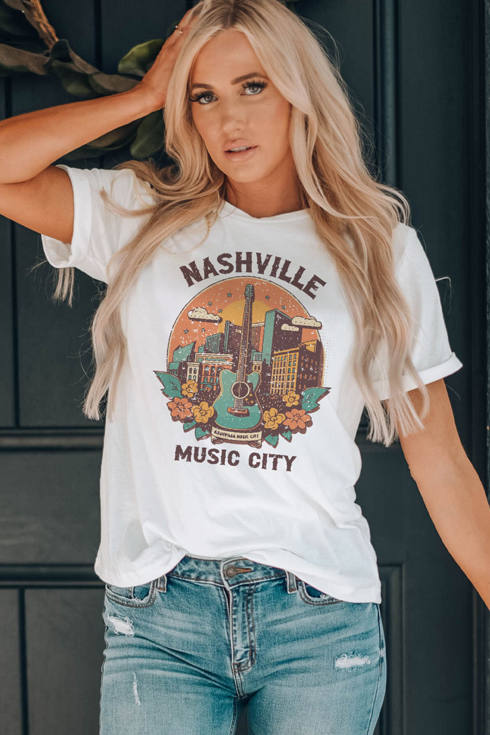 Glownestbest ® | NASHVILLE MUSIC CITY Graphic Round Neck Tee White 8138d984577740b0bbfcfdea532012fa-Max Glownestbest