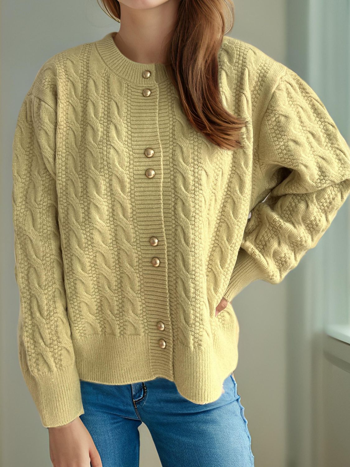 Cable-Knit Round Neck Long Sleeve Cardigan 8163940c-444c-44cf-8749-6b5f3780ff97-Max Glownestbest