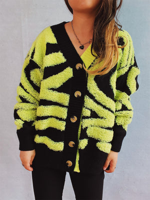 Contrast Button Up Long Sleeve Cardigan Chartreuse One Size 816598e4-b55d-4826-a254-2b6ef3a966f4-Max Glownestbest