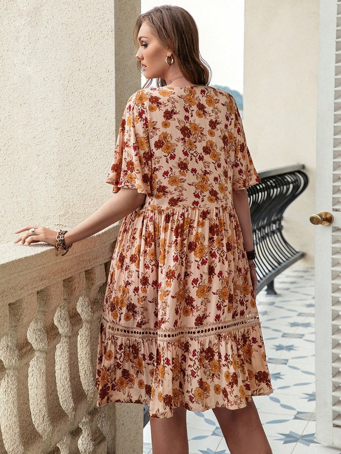 Plus Size Floral Crochet Flutter Sleeve Dress 8192f7e06062403598174445bbb64567-Max Trendsi