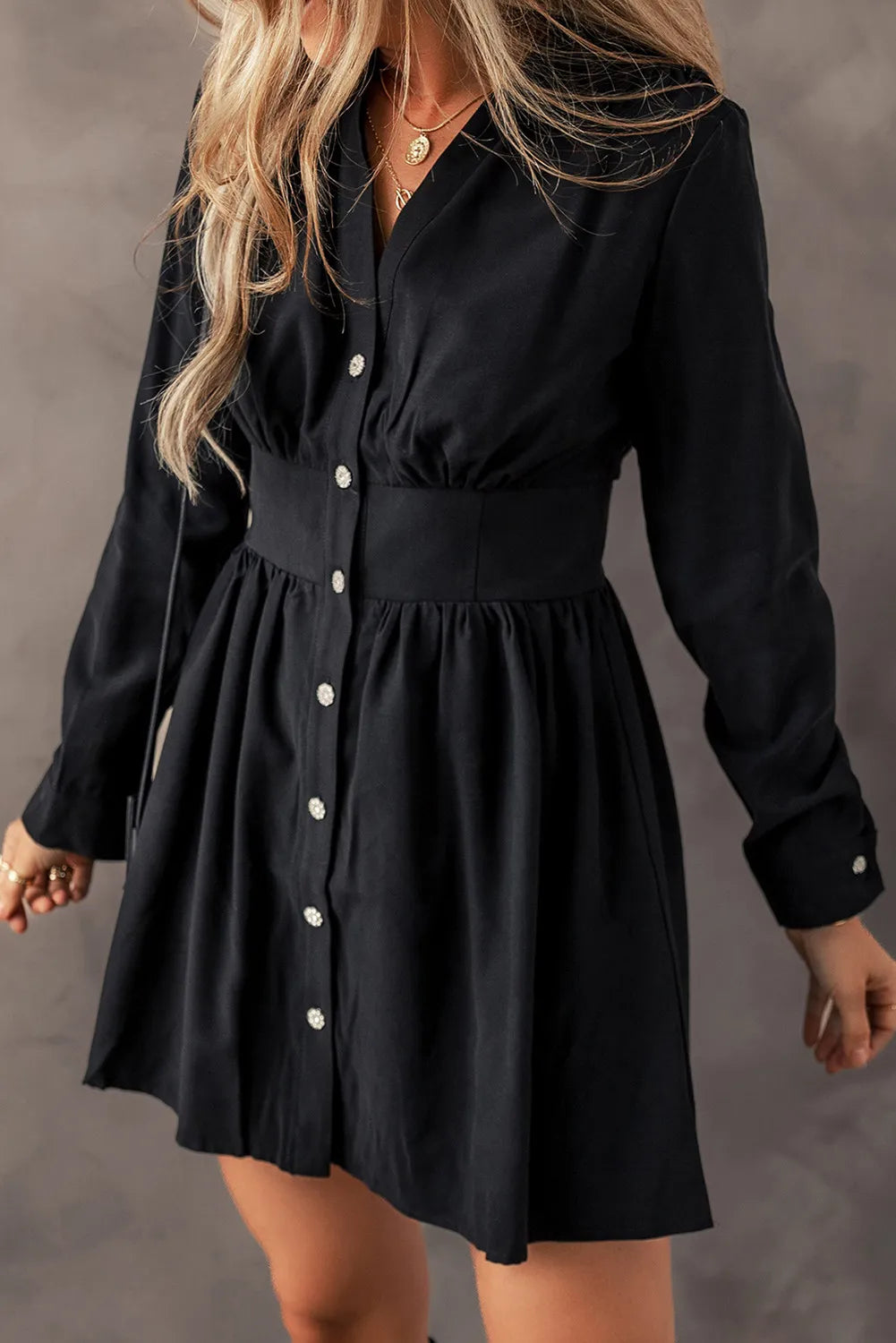 Ruched Button Up Long Sleeve Dress 81b10b6a-3a6d-4a08-90f6-3dd0f4d26e7c-Max Glownestbest