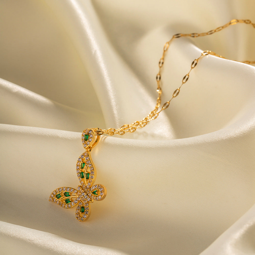 18K Gold Exquisite Dazzling Inlaid White Green Zircon Hollow Butterfly Design Pendant Necklace 81c61556-2ed9-45d8-a4ac-d5d42a3089b5 Artshiney