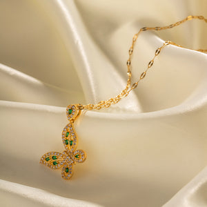 18K Gold Exquisite Dazzling Inlaid White Green Zircon Hollow Butterfly Design Pendant Necklace 81c61556-2ed9-45d8-a4ac-d5d42a3089b5 Artshiney