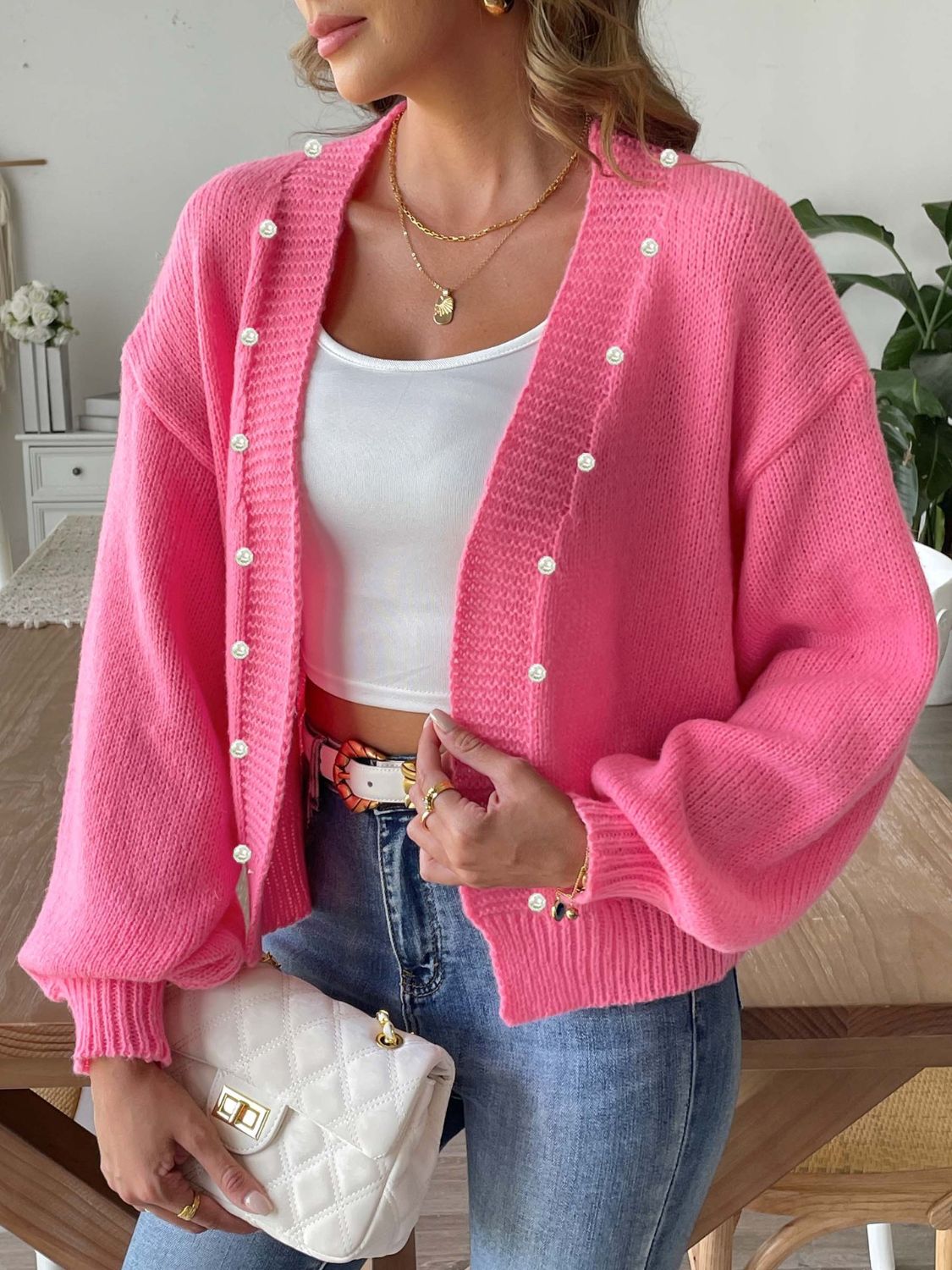 Pearl Open Front Long Sleeve Cardigan Fuchsia Pink 81dd243a-91a8-4681-94ba-6b9b91493321-Max Glownestbest