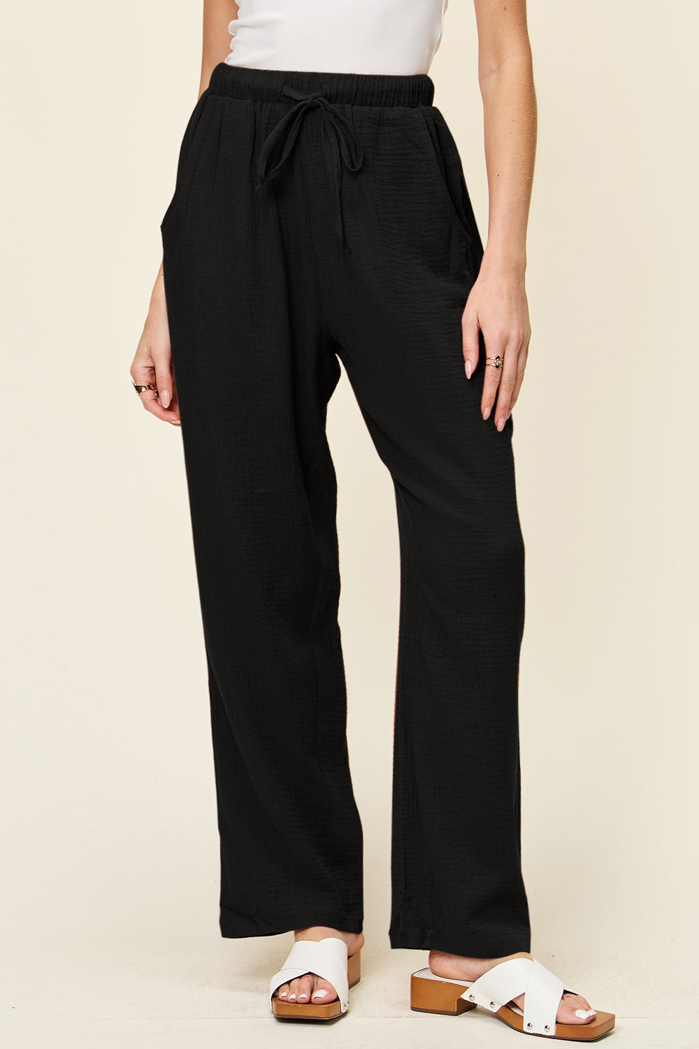 Double Take Full Size Texture Drawstring Straight Pants Black 8206f28e-07ad-47cb-8588-2dcd7538d194-Max Trendsi
