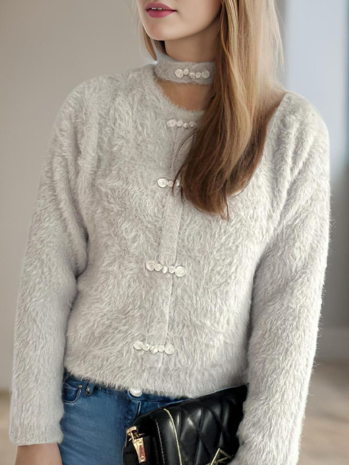 Cutout Knot Button Long Sleeve Cardigan Light Gray One Size 82451660-8ebd-4fe5-bdda-12c7803c2253-Max Glownestbest