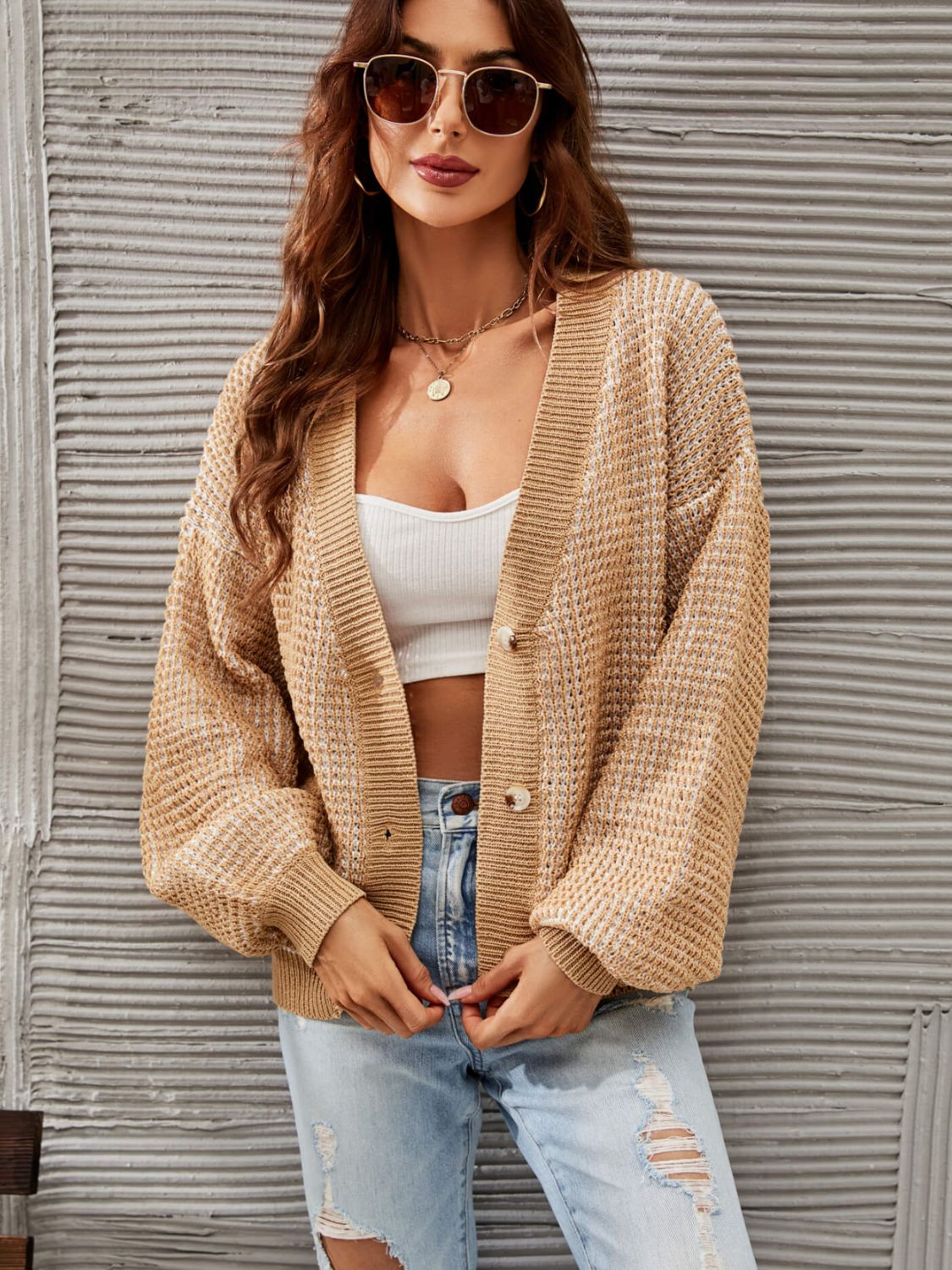 Angel Wings Heathered Lantern Sleeve Cardigan 82d27a6f0312429fa84ac4aef77903be-Max Glownestbest