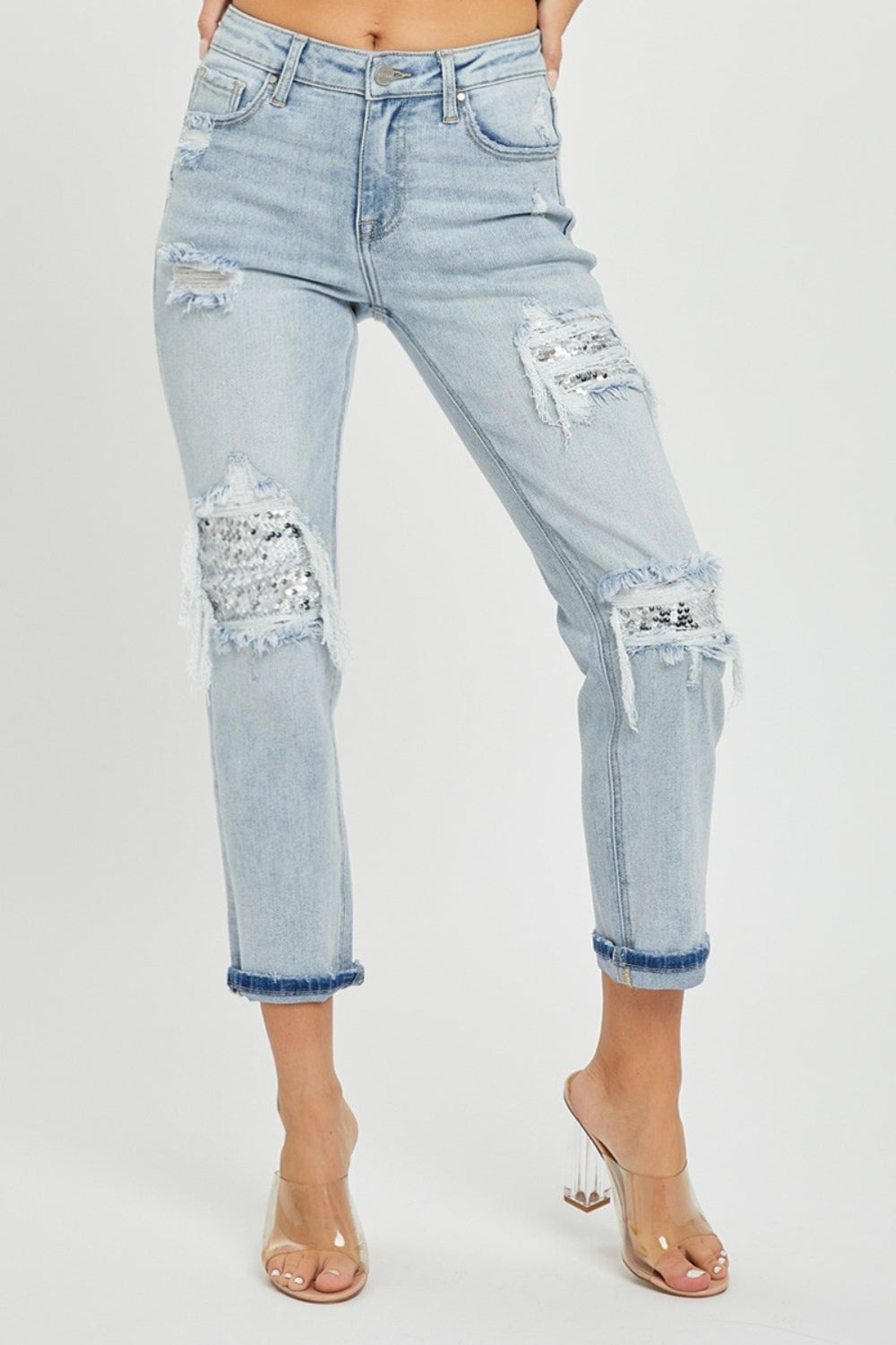 RISEN Mid-Rise Sequin Patched Jeans 830d4c8c-1bb8-405b-97f8-f57bccf5e877-Max Trendsi