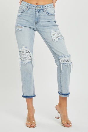 RISEN Mid-Rise Sequin Patched Jeans 830d4c8c-1bb8-405b-97f8-f57bccf5e877-Max Trendsi