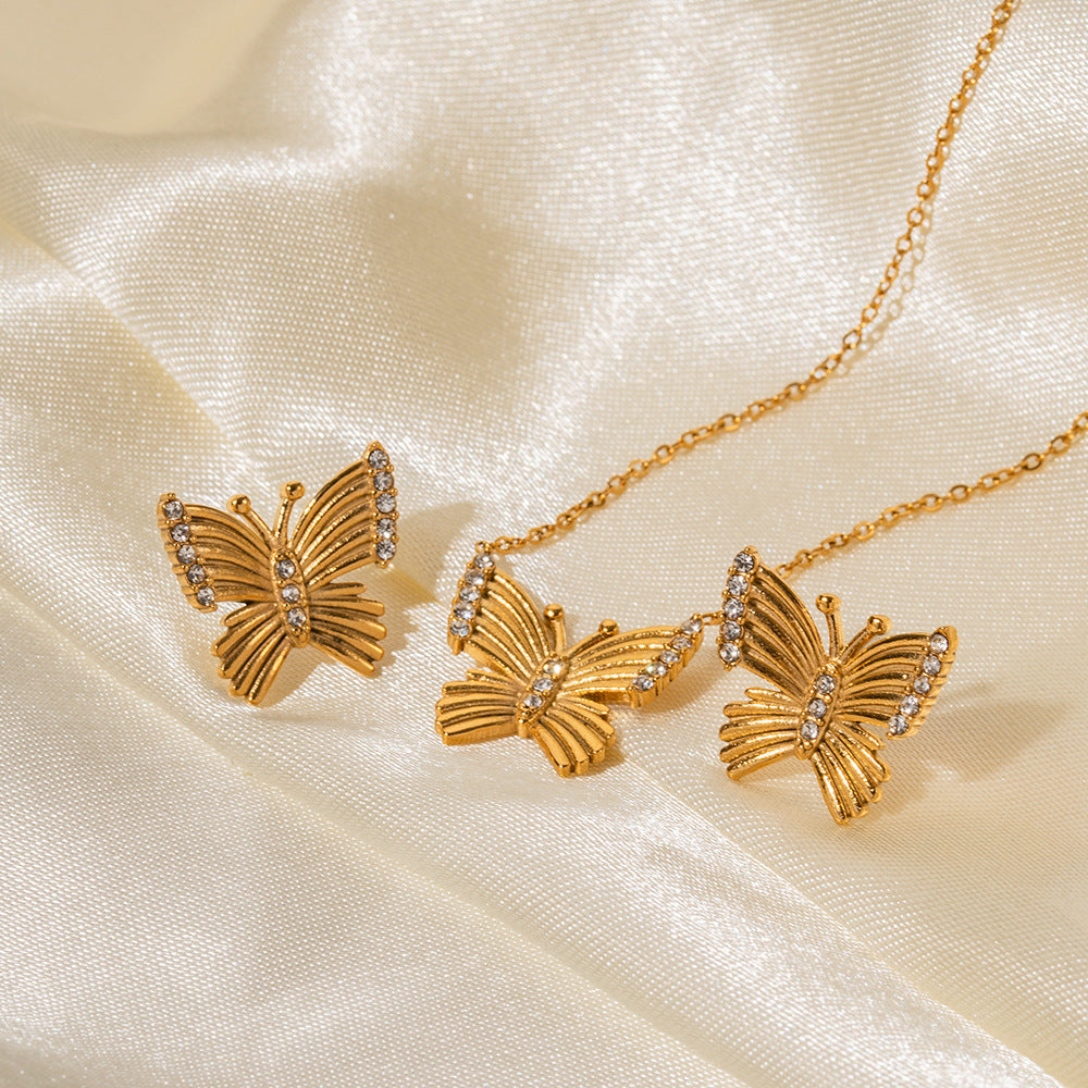 18K Gold Noble and Exquisite Butterfly Inlaid White Zircon Pendant Necklace Earrings Set 8386f1fe-021a-4b65-810e-c7c6c587793e Artshiney