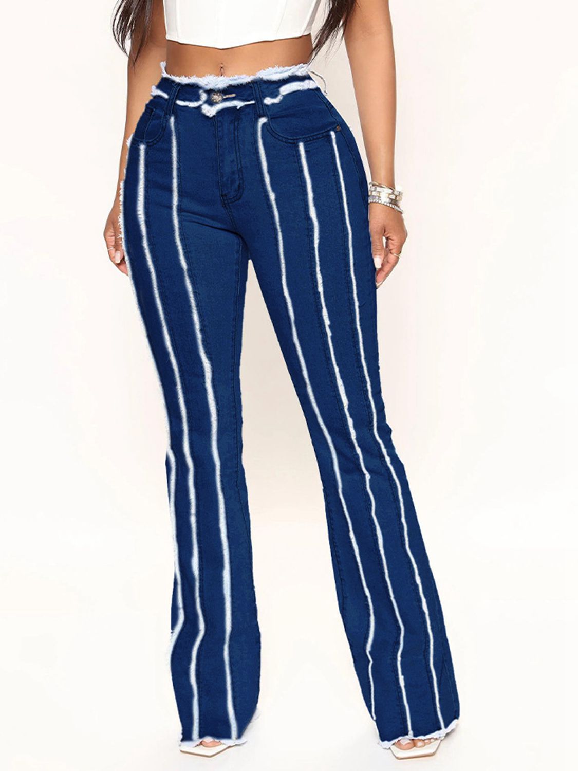 Striped Raw Hem Jeans 8389d3f96dc645fab49a75380691a204-Max Trendsi