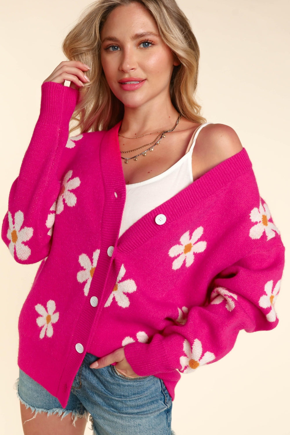 Glownestbest® | Daisy Floral Button Down Long Sleeve Cardigan Fuchsia 83e40d96-4a85-460c-962c-874573972a7a-Max Glownestbest