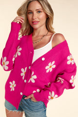 Glownestbest® | Daisy Floral Button Down Long Sleeve Cardigan Fuchsia 83e40d96-4a85-460c-962c-874573972a7a-Max Glownestbest