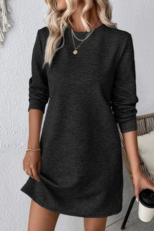 Textured Round Neck Long Sleeve Mini Dress 8465674d-4fc1-4e59-8cbd-8c9f16f7a420-Max Glownestbest