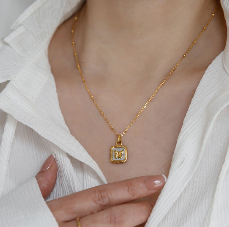 18K gold retro fashion square plate inlaid with gemstones and butterfly design light luxury style necklace 847a84f7-9a28-4a8f-82aa-d9cf149a7813 Artshiney