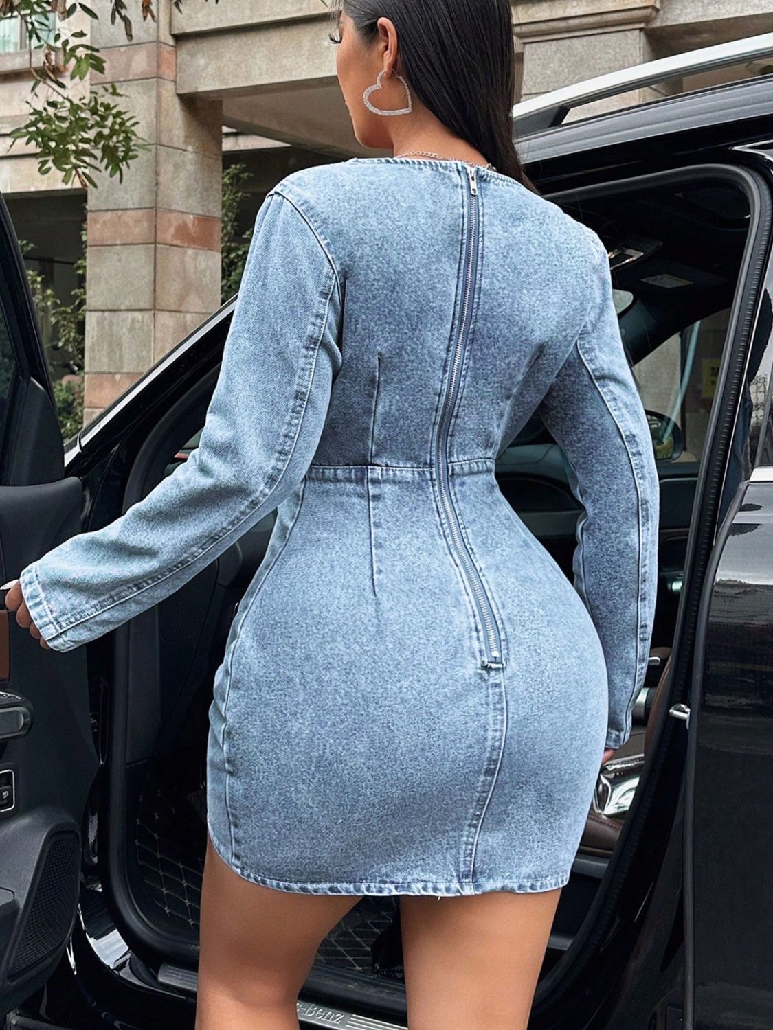 Surplice Long Sleeve Denim Dress 858afee0-f699-4069-a117-02137081b919-Max Glownestbest