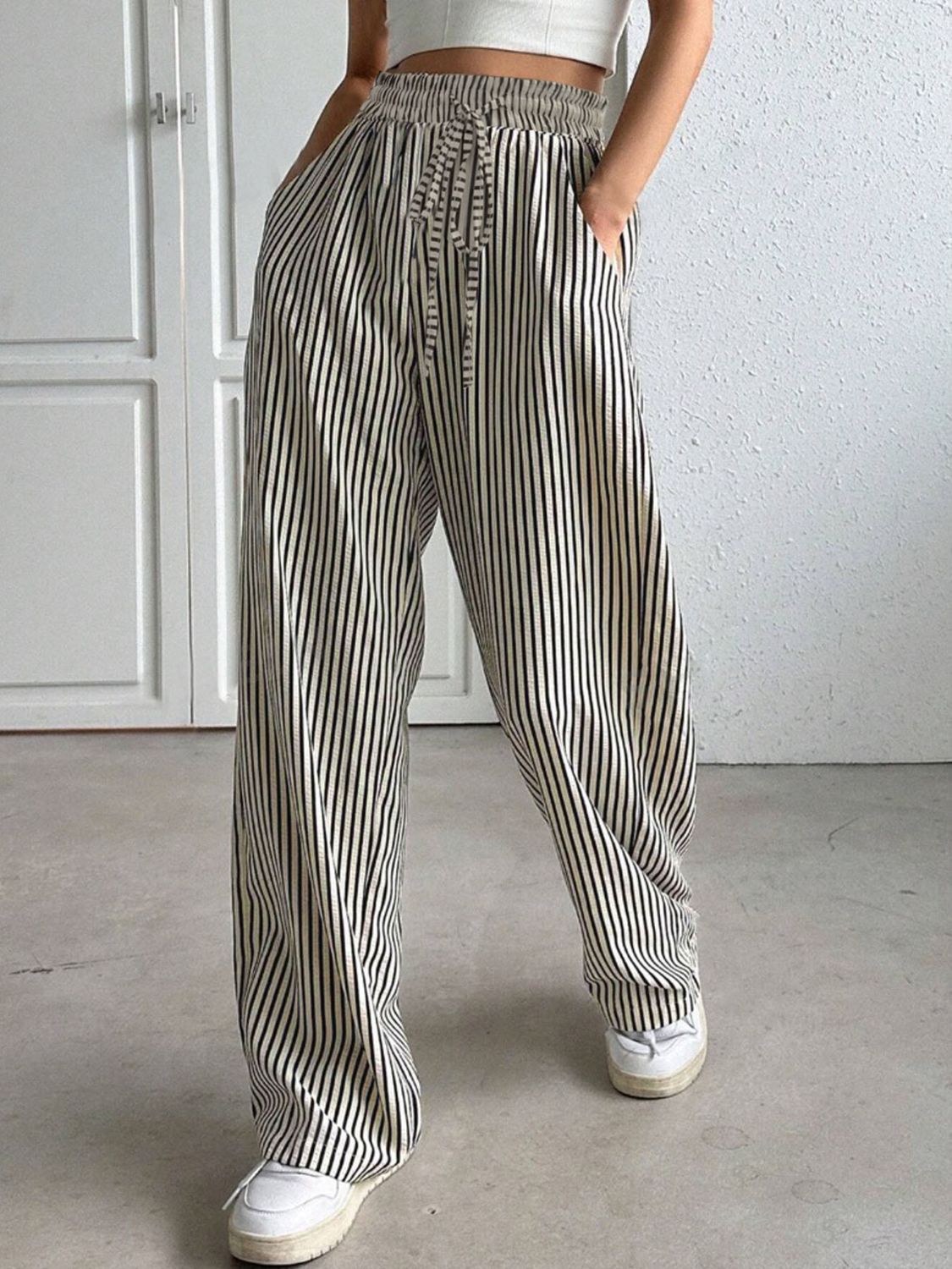 Drawstring Striped Elastic Waist Pants 8593c633-34d4-4339-99dd-177f663a4f39-Max Trendsi