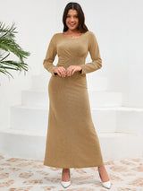 Ruched Round Neck Long Sleeve Dress Gold 85ce60e8-b8c0-48c4-bcc6-98db336118c4-Max Glownestbest