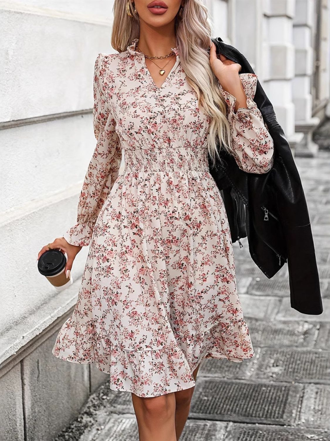 Ruffle Hem Floral Surplice Long Sleeve Dress Watermelon pink 86110c26-161c-4697-8075-862abb16ff59-Max Glownestbest
