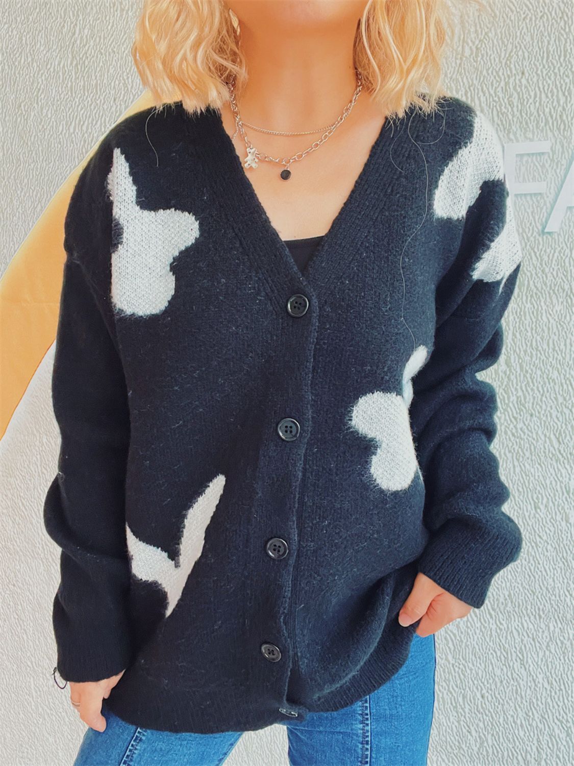 Flower Button Down V-Neck Long Sleeve Cardigan Black One Size 87576334-4367-453f-97cf-e73b65933c7e-Max Glownestbest