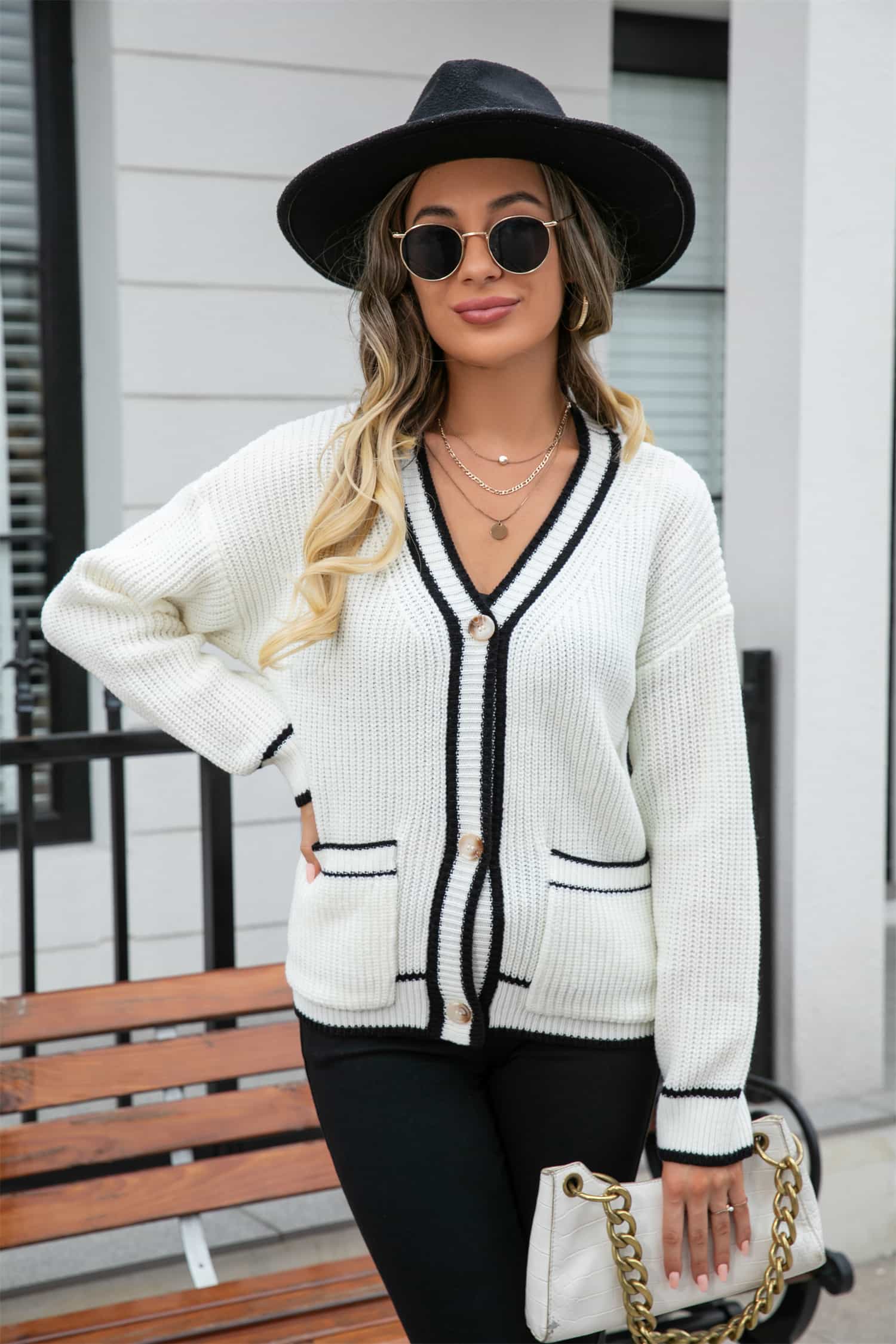 Angel Wings Waffle Knit V-Neck Cardigan with Pocket White 87623ff87bcc43018a3acace181ea214-Max Glownestbest